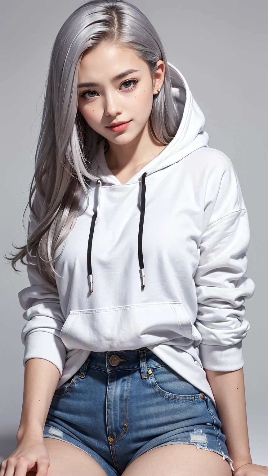 Realistic, masterpiece, Highest quality, Highest Resolution, Anatomically correct, Accurate ???????, (Gray blank background:1.3), (1girl:1.3), 20-year-old, Height: 165cm, Shot from thigh up, (Thick thighs:1.2), (Long Hair, Straight Hair, Silver Hair:1.3), (Squint your eyes, Sharp Eyes, (Iris:1.2)), (Hidden eyelid wrinkles:1.2), Thin eyebrows, Draw eyelashes carefully, Natural Makeup, Chin up, Grin, Slightly to the side, (White hoodie and denim hot pants:1.3), (Barker&#39;s hood is not on, There are two strings:1.3), (Sitting with legs spread on a simple chair:1.2)