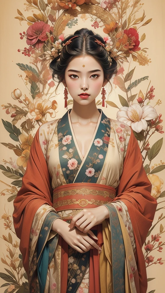 Ambilight,masterpiece,ultra-high quality,(ultra detailed original illustration),((hanfu fashion)),clean cloth,flower blossom background,double exposure,fussion of fluid abstract art,(original illustration composition),( fusion of limited color, Maximalism artstyle, geometric artstyle, junk art), Cowherd，Weaver Girl