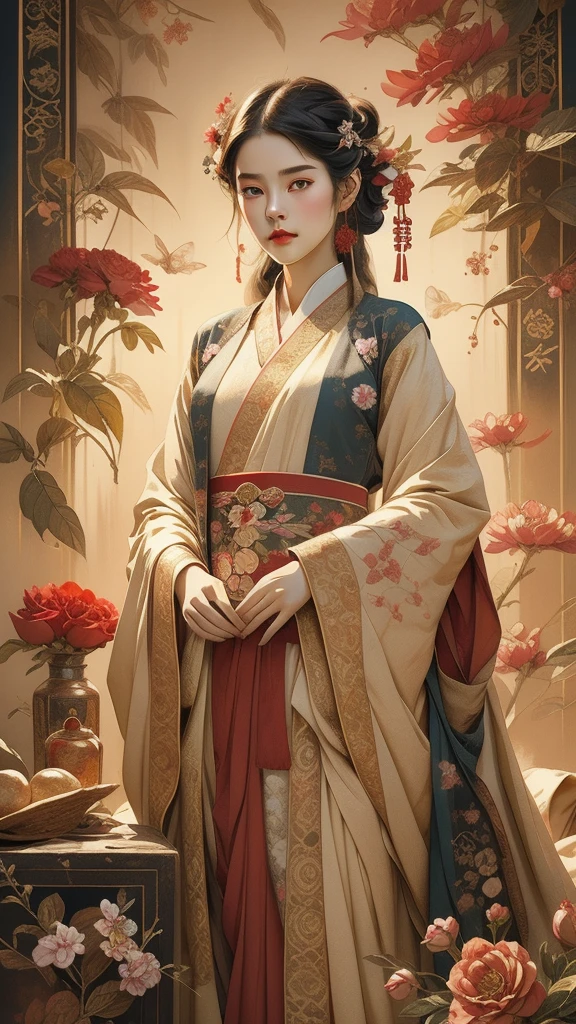 Ambilight,masterpiece,ultra-high quality,(ultra detailed original illustration),((hanfu fashion)),clean cloth,flower blossom background,double exposure,fussion of fluid abstract art,(original illustration composition),( fusion of limited color, Maximalism artstyle, geometric artstyle, junk art), Cowherd,Weaver Girl