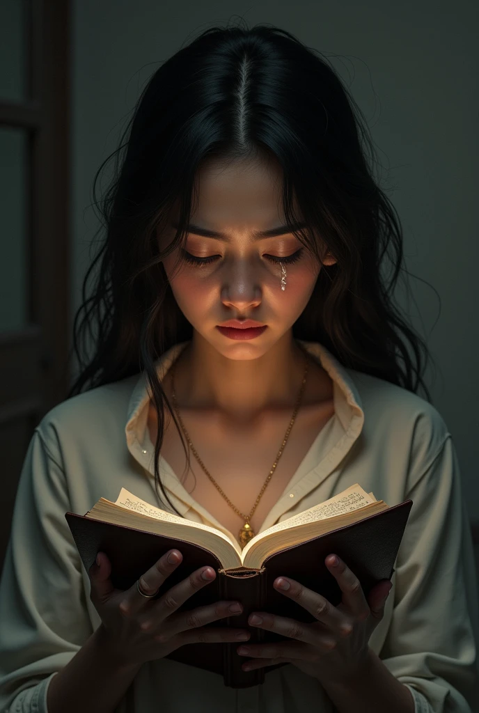 A young woman crying while holding the Bible in her hand.