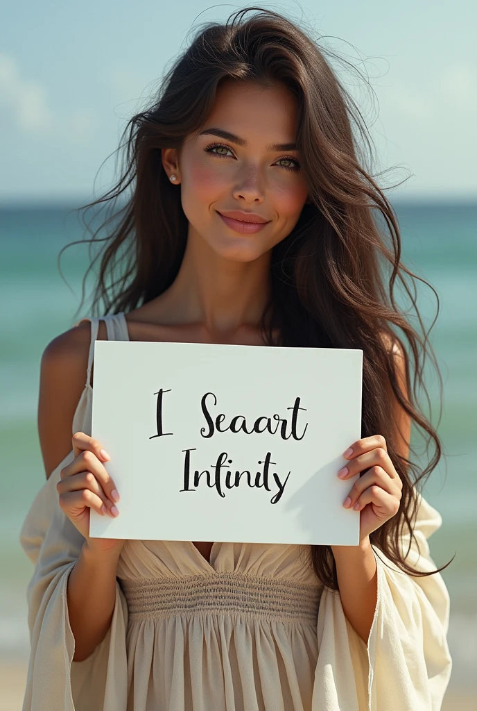 Beautiful girl with wavy long hair, bohemian dress, holding a white board with text "I Love Seaart Infinity" and showing it to the viewer
