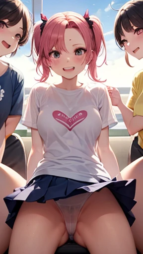 Orgy、tshirt、Wide forehead、Orgy、See-through、Orgy、pink、Orgy、smile、Get angry、Orgy、heart、short hair with twin tails、Long bangs、Orgy、skirt