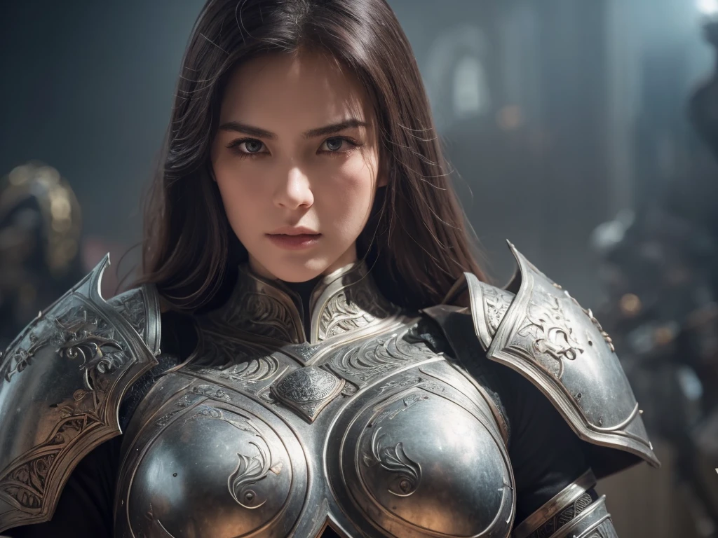 beautiful detailed eyes, beautiful detailed lips, extremely detailed eyes and face, long eyelashes, 1 girl, big boob, heavily armored warrior woman, sexy armor, leading an army of thousands, medieval fantasy, epic battle scene, dark fantasy, dramatic lighting, cinematic, epic scale, highly detailed, intricate armor design, striking pose, powerful expression, moody colors, dramatic shadows, volumetric lighting, photorealistic, 8k, high resolution, hyper detailed, masterpiece