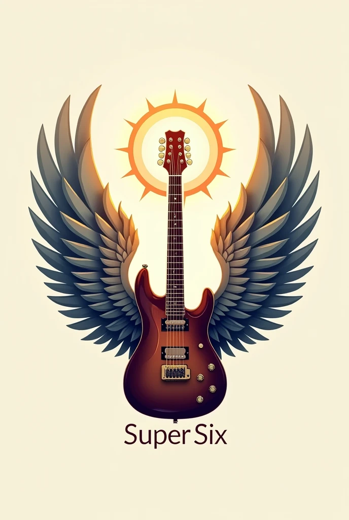 A logo that includes a guitar, angel wings and a halo with the name "Super six"