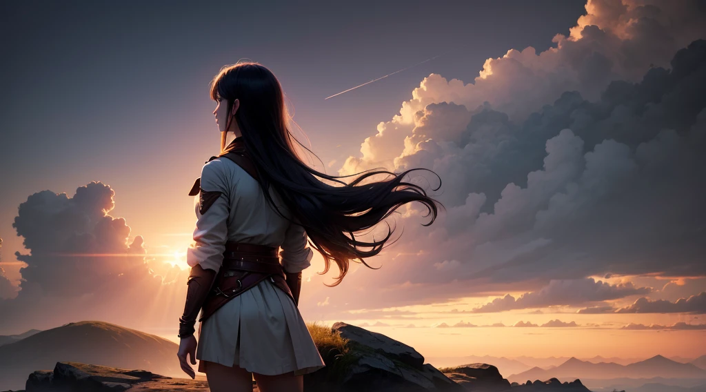 Character gazing at a distant horizon, where the first light of dawn breaks through the darkness, symbolizing hope and the beginning of change.