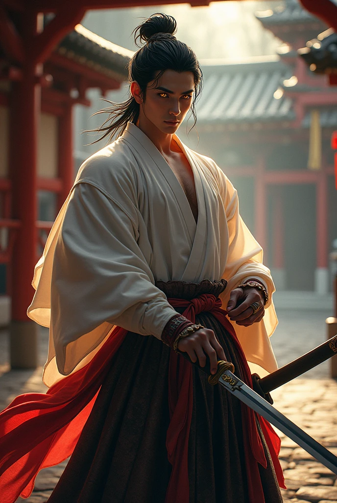 masterpiece, best quality, highres, muramasa, traditional Japanese shrine, solo, handsome, yellow eyes,