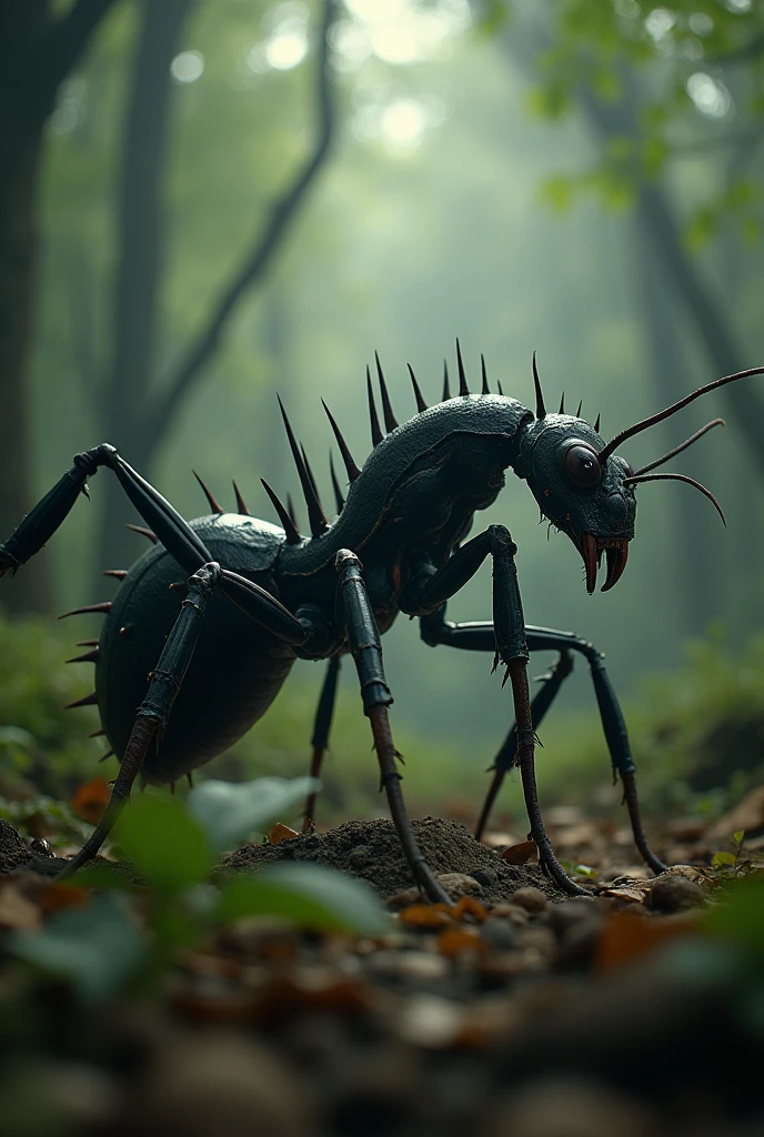a huge ant queen with a long bony tail and spikes on its back, sharp claws, in a dense forest, (best quality,4k,8k,highres,masterpiece:1.2),ultra-detailed,(realistic,photorealistic,photo-realistic:1.37),hdr,uhd,studio lighting,ultra-fine painting,sharp focus,physically-based rendering,extreme detail description,professional,vivid colors,bokeh,horror,dark fantasy,moody lighting,chiaroscuro,dramatic shadows,cinematic composition
