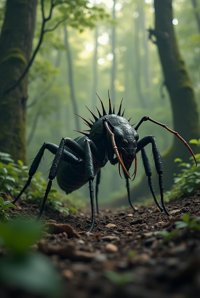 a huge ant queen with a long bony tail and spikes on its back, sharp claws, in a dense forest, (best quality,4k,8k,highres,masterpiece:1.2),ultra-detailed,(realistic,photorealistic,photo-realistic:1.37),hdr,uhd,studio lighting,ultra-fine painting,sharp focus,physically-based rendering,extreme detail description,professional,vivid colors,bokeh,horror,dark fantasy,moody lighting,chiaroscuro,dramatic shadows,cinematic composition