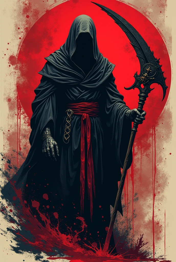 Vector art design for sticker of: Reaper in，scyscraper，cross of dark lord, king of angmar, touch of death, Taoist robes，cultivating immortal，from the abys，self-assured，Fairy wind road bone，Blood flows in the background