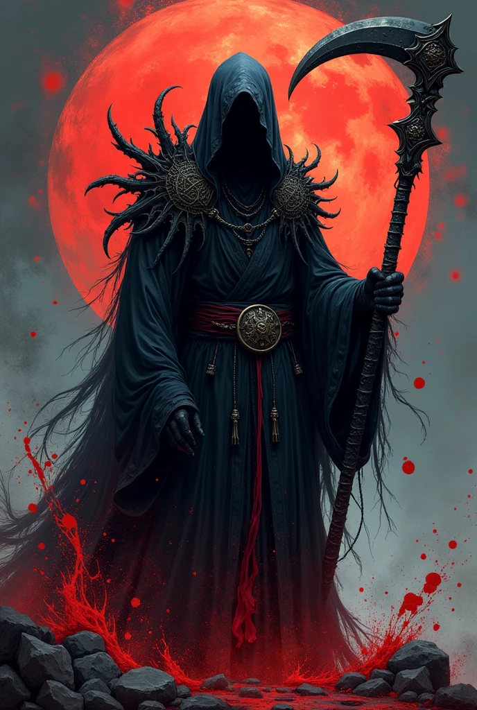 Vector art design for sticker of: Reaper in，scyscraper，cross of dark lord, king of angmar, touch of death, Taoist robes，cultivating immortal，from the abys，self-assured，Fairy wind road bone，Blood flows in the background