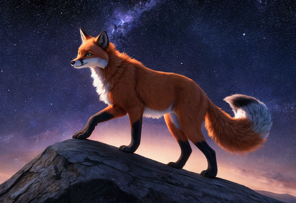 fox character with detailed character galaxy fur, levitating character, clear starry night background, 8k , hyper realistic 