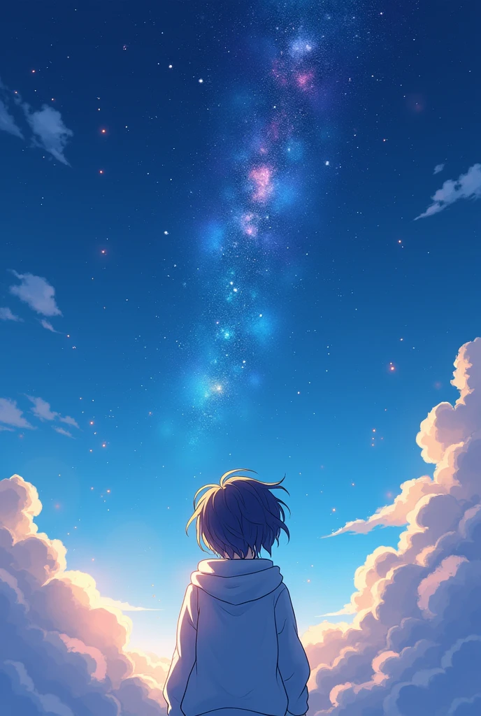 ragnarok online character starry sky, shining star in hair, ((Alone)), by the wide, by white, cyan eyes, smile, White hooded sweatshirt, He drowned, beautiful clouds, Fireflies, 4k, Very detailed, look at the viewer