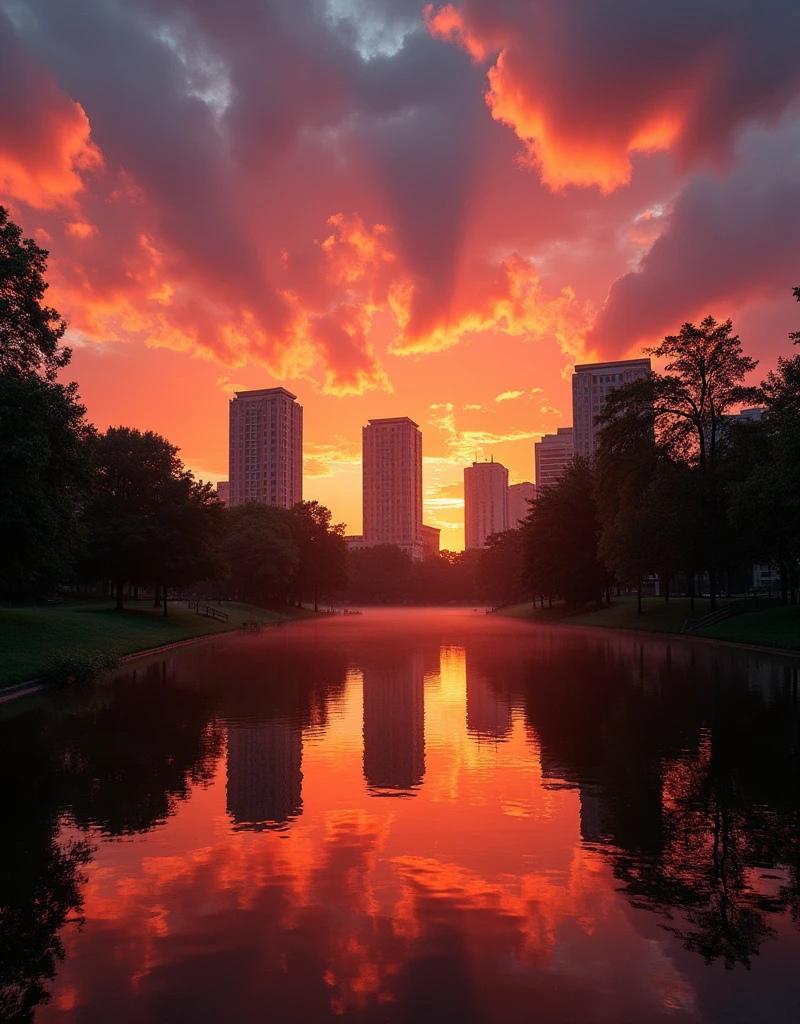 High quality, high resolution, best composition, cinema style, summer landscape, sunset behind urban buildings, reflection of buildings in park pond, red clouds, dynamic and breathtaking, fantastic, peaceful and beautiful scenery.