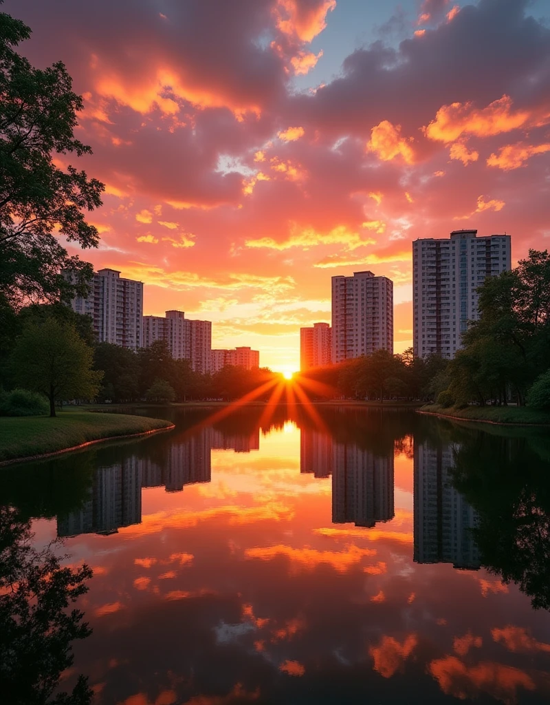 High quality, high resolution, best composition, cinema style, summer landscape, sunset behind urban buildings, reflection of buildings in park pond, red clouds, dynamic and breathtaking, fantastic, peaceful and beautiful scenery.