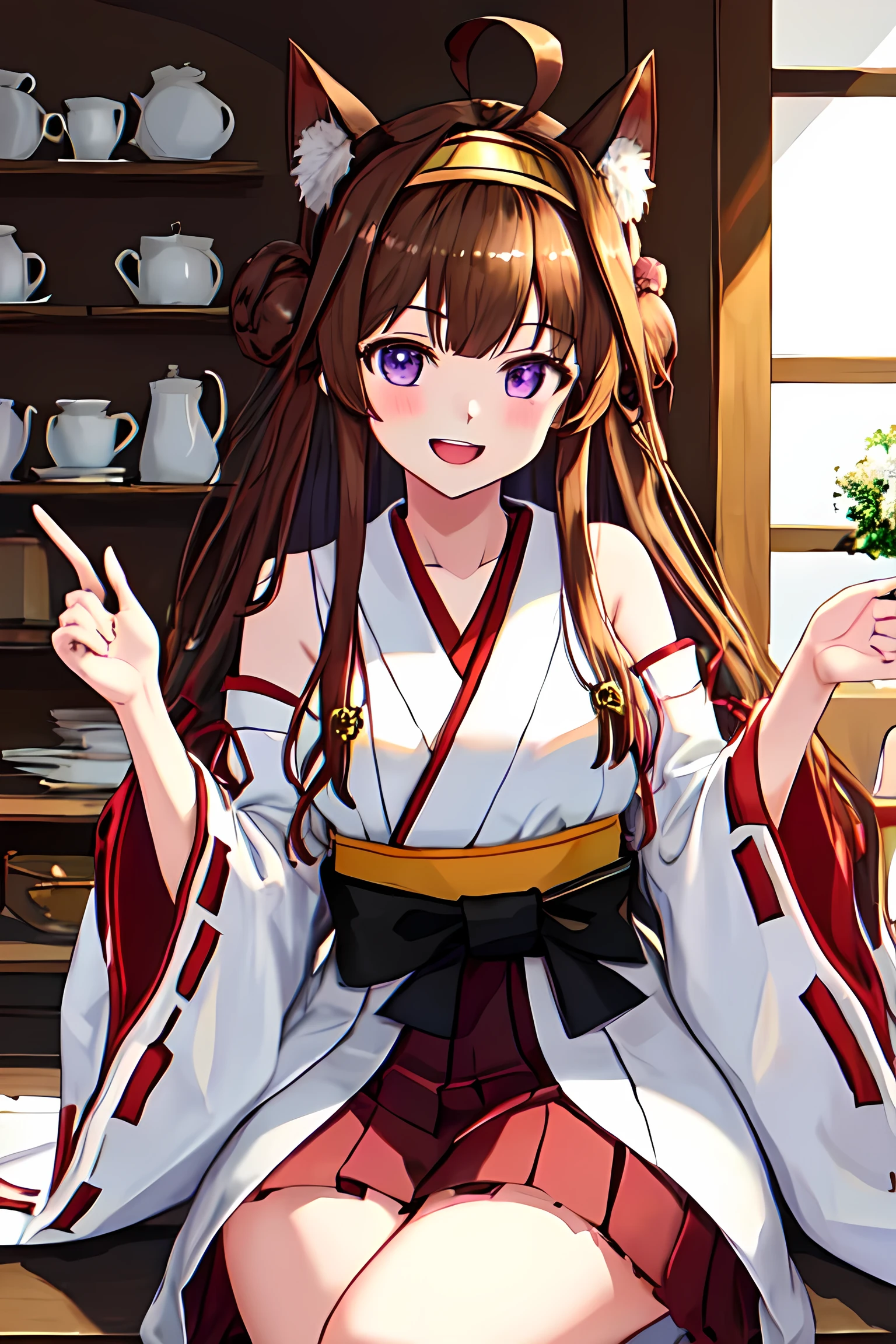 Highest quality, masterpiece, High resolution, alone,smile, {White kimono:1.25}, {Red too:1.35}, {Wide sleeves:1.20}, {black_Fleet Collection:1.15}, brown_hair, length_hair, Ahoge, hairband, hair_good, double_good, headgear, smile, Non-traditional_Shrine maiden, purple_eye, Open_mouth