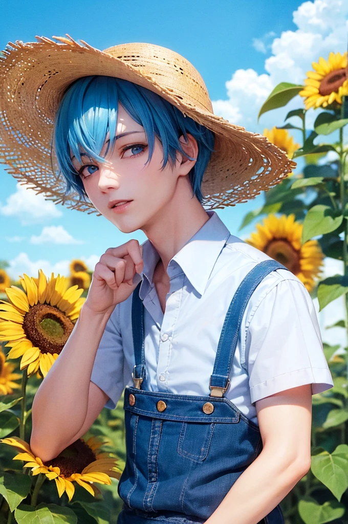Blue Hair Short Hair Light blue eyes Beautiful Boy man Straw hat White shirt sunflower blue sky