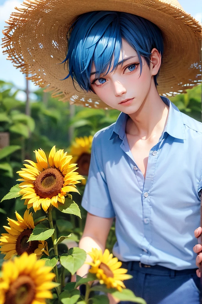 Blue Hair Short Hair Light blue eyes Beautiful Boy man Straw hat White shirt sunflower blue sky