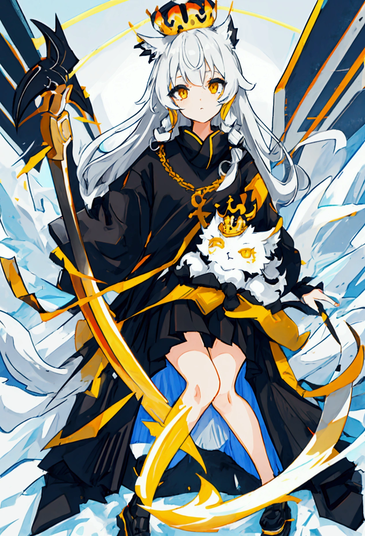 A girl waring black sweater with gray horizontal stripes, caro skirt and have white long hair with a golden crown worn crosswise, have white kitsune ears holding a energy scythe