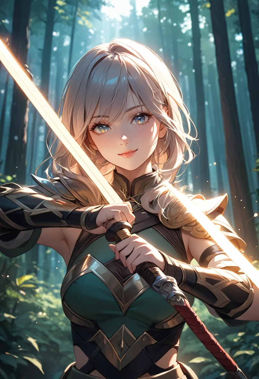 (masterpiece:1.5),(Beat quality),(high res),1girl solo,beautiful face,smile(shining eyes),upper body,light effects,Warrior Woman,Holding a sword in both hands,forest,It's snowing