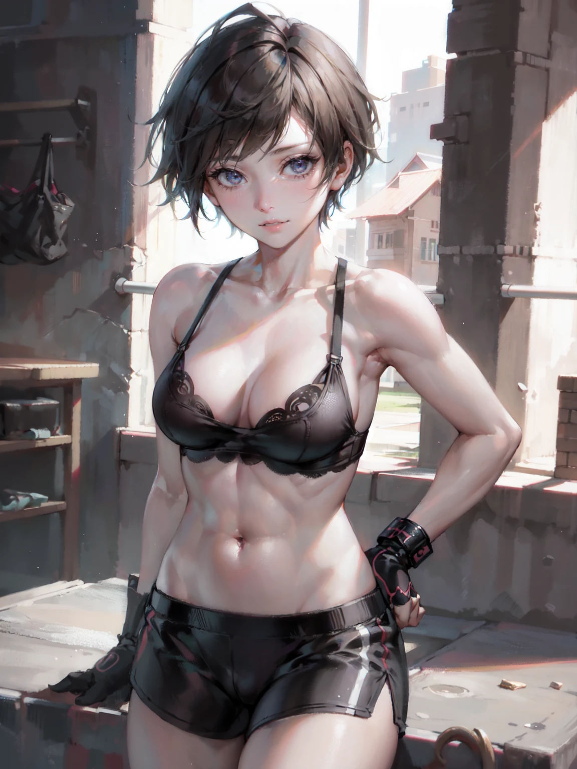 Tomboy girl, athletic fit body, short hair of nutty color, beautiful detailed eyes, beautiful detailed lips, tank top, boxer briefs, detailed muscular legs, dynamic pose, realistic, photorealistic, 4k, 8k, highres, masterpiece, ultra-detailed, (1girl)