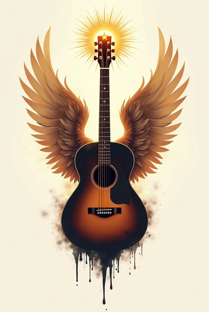 A logo that includes a guitar, angel wings and a halo with the name "Super six" that it is an ink stain
