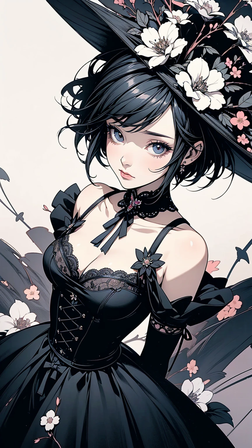 Top view, Woman with asymmetrical short hair, Gothic ta Fashion, A dynamic pose, Collage with flowers, Abstract background, Anime Style, Simple lines, Digital Painting, (masterpiece, High resolution, Highest quality)