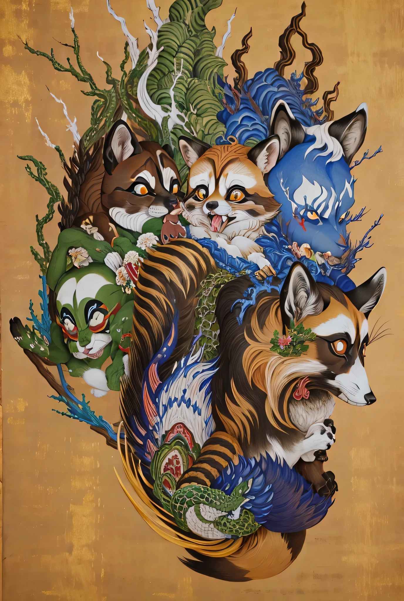 The fox and the raccoon dog play tricks on each other、A fox using transformation techniques and a raccoon sitting with a leaf on its head、Masterpiece、Gold folding screen background、Japanese painting、High definition、