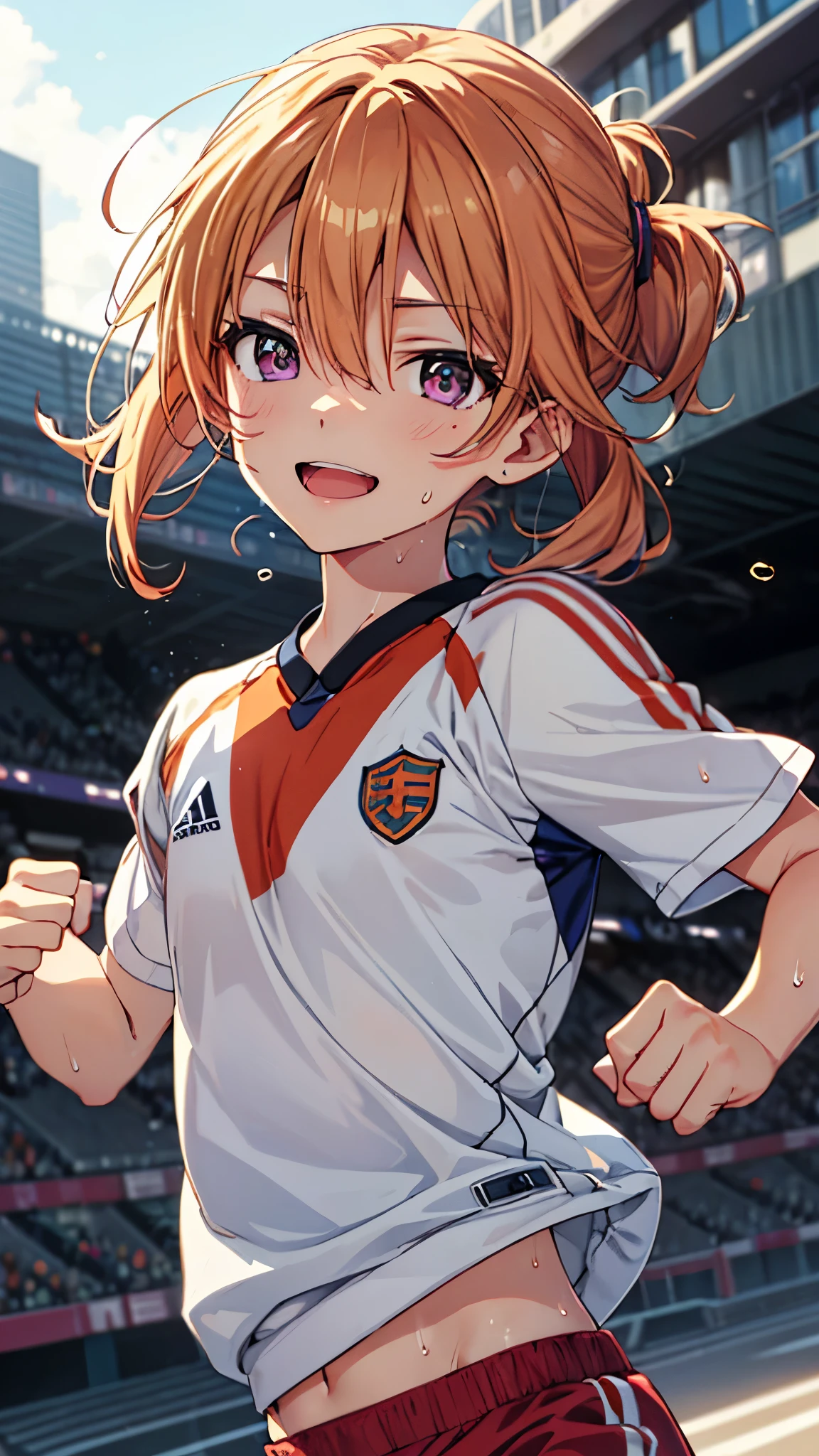 yuki_haru_theidolmastercinderellagirlsu149,orange_hair, purple_eyes, long_hair, bangs,blonde_hair, hair_between_eyes,smile,open mouth,(chibi:1.3),flat chest,slender,Soccer uniform,sweat,navel,(running form:1.5),Soccer ball,dribble,masterpiece,Noise Reduction,perfect anatomy,high resolution, ultra-detailed, ultra-detailed face,game cg,dutch angle ,beautiful detailed eyes,visualart,five fingers, perfect hands, perfect lighting, sparkling pupils,