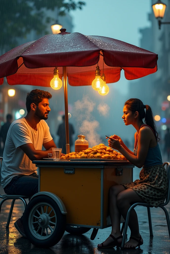 A boy age 27 south India from andhrapradesh wear jeans and t-shirt dusky skin and he came to a coffee shop and there was a girl age 25 north India from mumbai looks very modern she wears western dress looks very beautiful and active. both of them are having pain puri in streets at panipuri cart. full of clouds and raining.
