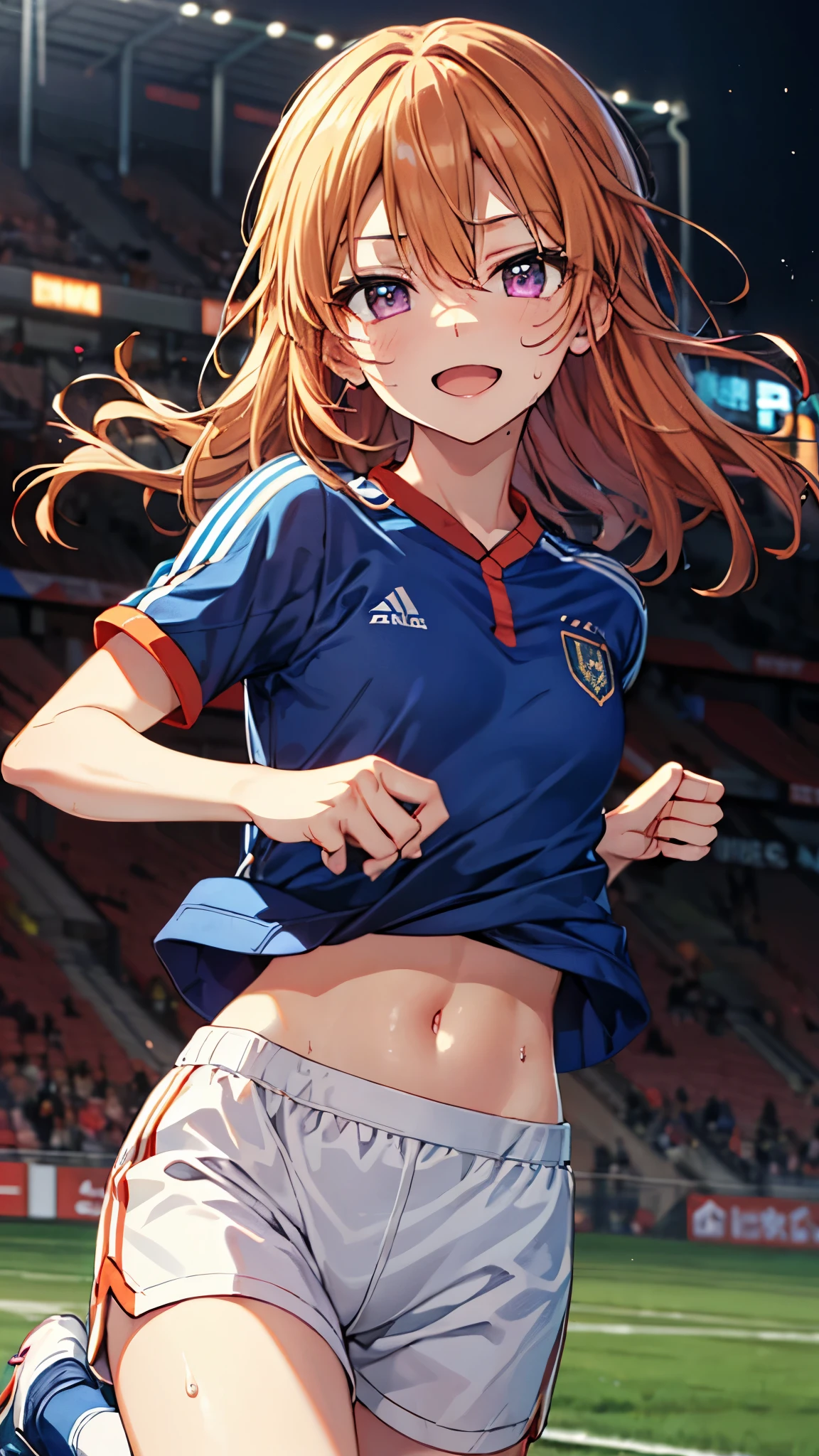 yuki_haru_theidolmastercinderellagirlsu149,orange_hair, purple_eyes, long_hair, bangs,blonde_hair, hair_between_eyes,smile,open mouth,(chibi:1.3),flat chest,slender,(Soccer uniform),blue t-shirt,white shorts,sweat,navel,(running form:1.5),masterpiece,Noise Reduction,perfect anatomy,high resolution, ultra-detailed, ultra-detailed face,game cg,dutch angle ,beautiful detailed eyes,visualart,five fingers, perfect hands, perfect lighting, sparkling pupils,