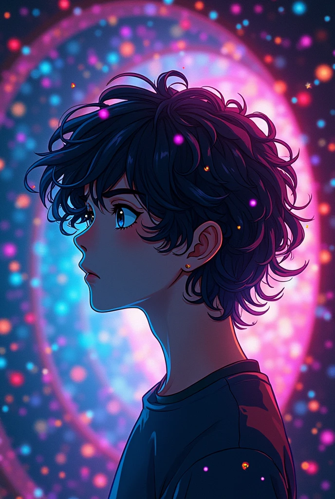 Bioluminescence [s4g0d:0.6], spiral door, portraite, [fluorescent hair:0.7], Boy Anime, brunette skin, long curly dark hair, explosion of colors through the image 