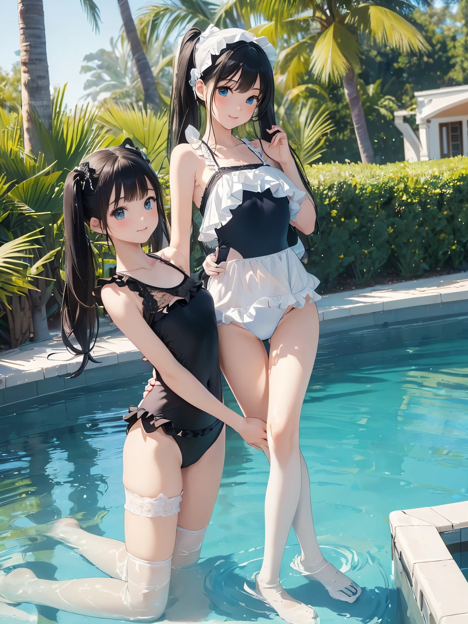 ((masterpiece)), ((highest quality、Ultra high definition)), (Very detailed),8k、Photo quality、((Amazingly cute girl)),16-year-old girl)), Two people, , (Beautiful emerald blue eyes), ((smile、Small breasts)),In the open-air bath overlooking the sea, Beautifully arranged black hair in twin tails、Slim Body、(((Cute swimsuit with lace and frills)))、Professional Lighting、(White lace knee-highore detailed and beautiful)、(More details and cutenesore realistic)、((Just wear light clothing))、Frolic in the pool、((unbelievably cute))、((A cute pose))、((Front and back view))、