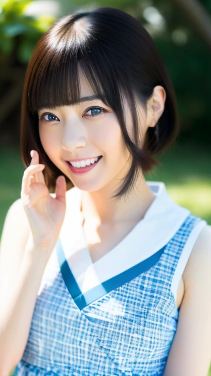 座っている座っているmasterpiece, best quality, ultra-detailed, kawaii, cute, lovely, look up from below, gradation, school, a pretty woman, solo, sailor suit, beautiful light blue hair, beautiful brown eyes, beautiful eyes, white-skinned, gun, smile.座っている