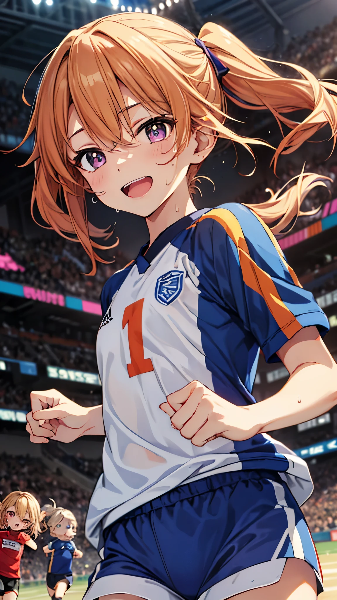 yuki_haru_theidolmastercinderellagirlsu149,orange_hair, purple_eyes, long_hair, bangs,blonde_hair, hair_between_eyes,smile,open mouth,(chibi:1.3),flat chest,slender,(Soccer uniform),blue t-shirt,white shorts,sweat,navel,(running form:1.5),Stadium,masterpiece,Noise Reduction,perfect anatomy,high resolution, ultra-detailed, ultra-detailed face,game cg,dutch angle ,beautiful detailed eyes,visualart,five fingers, perfect hands, perfect lighting, sparkling pupils,