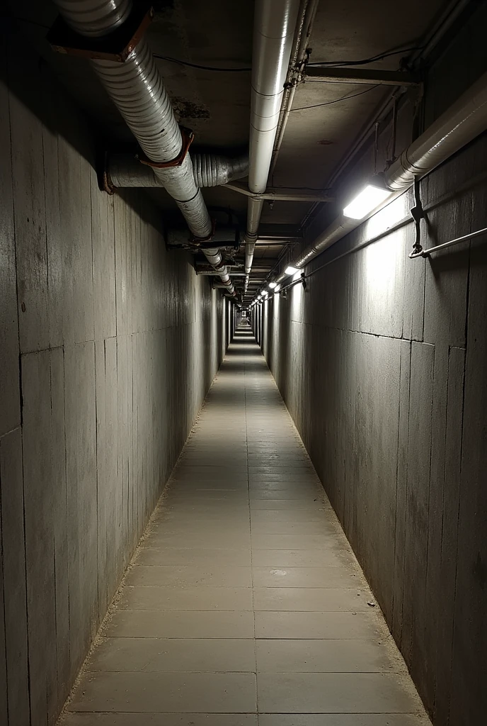 Underground Passage　There are some metal pipes on the ceiling.　The ceiling and walls are made of concrete　