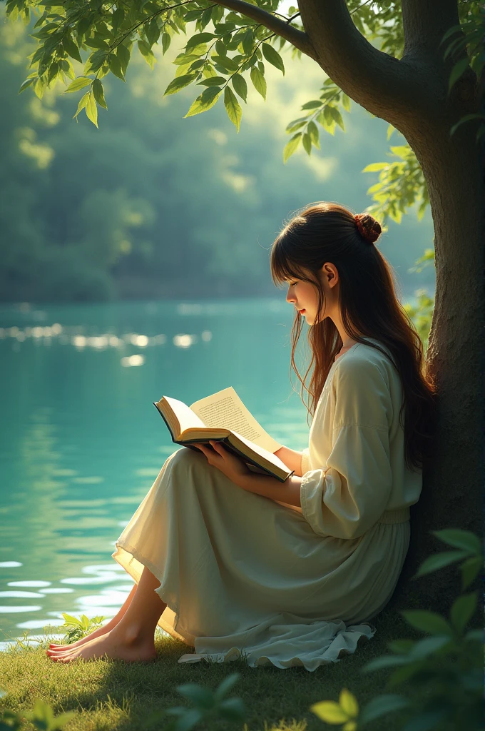 A girl reading a book by the water