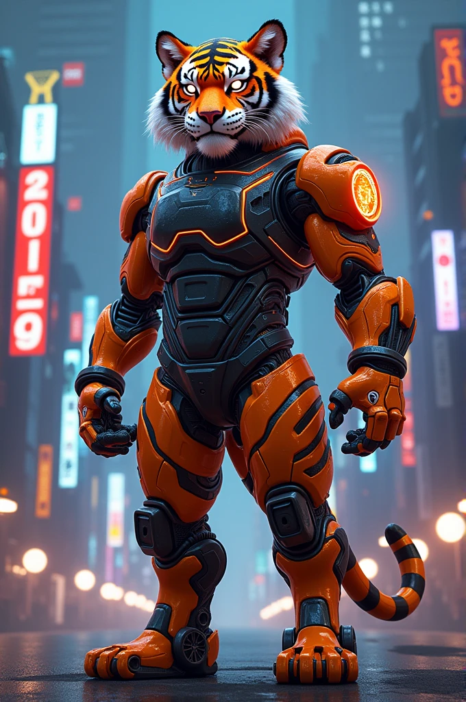 Tiger mascot, year 2070, year 2024, time related, time travel, cyber, cyberpunk, big mascot, full body, props