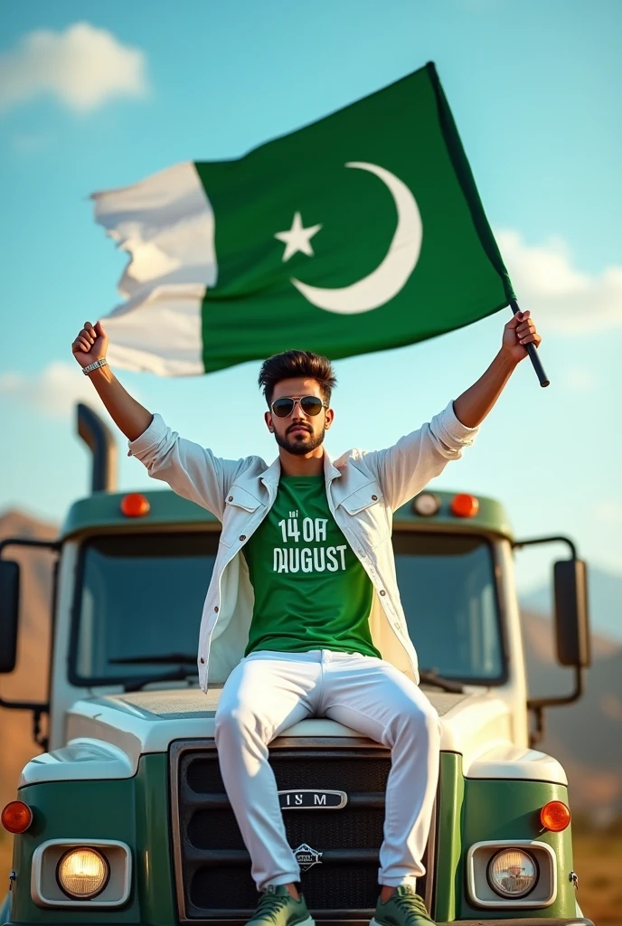 Create an Real image featuring a young man
sitting on the hood of a white and green truck,with Pakistan’s scenic background. He’s holding a flag celebrating Pakistan’s 14th August. The boy wears a green T-shirt with ‘Afnan shah ’ printed on it, white jacket, white pants, green shoes and sunglasses.