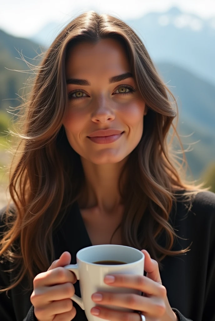((long shot)) brunette influencer with long, naturally wavy hair, green eyes, sexly, big , enjoying a coffee in the mountains, elegant and modern look, relaxing, Calm, extravagant , 8k, extremely detail, photorealestic, Details Complicated, Realistic skin texture, realistic hair, Textur, Happy, 8K UHD, best quality, High resolution, attention to details, very large , long shot, wide angle,(big boobs)