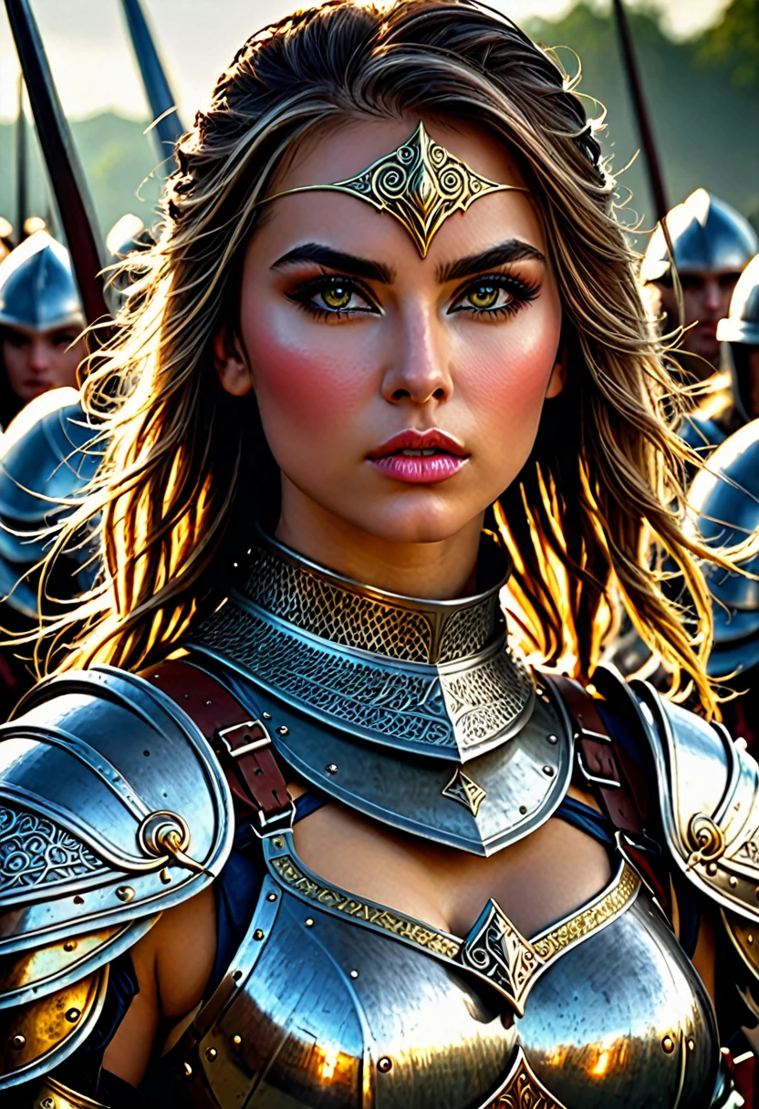 beautiful detailed eyes, beautiful detailed lips, extremely detailed eyes and face, long eyelashes, 1 girl, big boob, heavily armored warrior woman, sexy armor, leading an army of thousands, medieval fantasy, epic battle scene, dark fantasy, dramatic lighting, cinematic, epic scale, highly detailed, intricate armor design, striking pose, powerful expression, moody colors, dramatic shadows, volumetric lighting, photorealistic, 8k, high resolution, hyper detailed, masterpiece