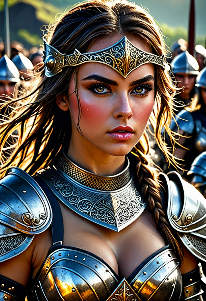 beautiful detailed eyes, beautiful detailed lips, extremely detailed eyes and face, long eyelashes, 1 girl, big boob, heavily armored warrior woman, sexy armor, leading an army of thousands, medieval fantasy, epic battle scene, dark fantasy, dramatic lighting, cinematic, epic scale, highly detailed, intricate armor design, striking pose, powerful expression, moody colors, dramatic shadows, volumetric lighting, photorealistic, 8k, high resolution, hyper detailed, masterpiece
