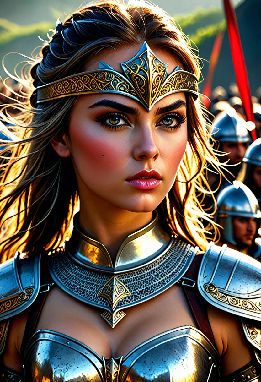 beautiful detailed eyes, beautiful detailed lips, extremely detailed eyes and face, long eyelashes, 1 girl, big boob, heavily armored warrior woman, sexy armor, leading an army of thousands, medieval fantasy, epic battle scene, dark fantasy, dramatic lighting, cinematic, epic scale, highly detailed, intricate armor design, striking pose, powerful expression, moody colors, dramatic shadows, volumetric lighting, photorealistic, 8k, high resolution, hyper detailed, masterpiece