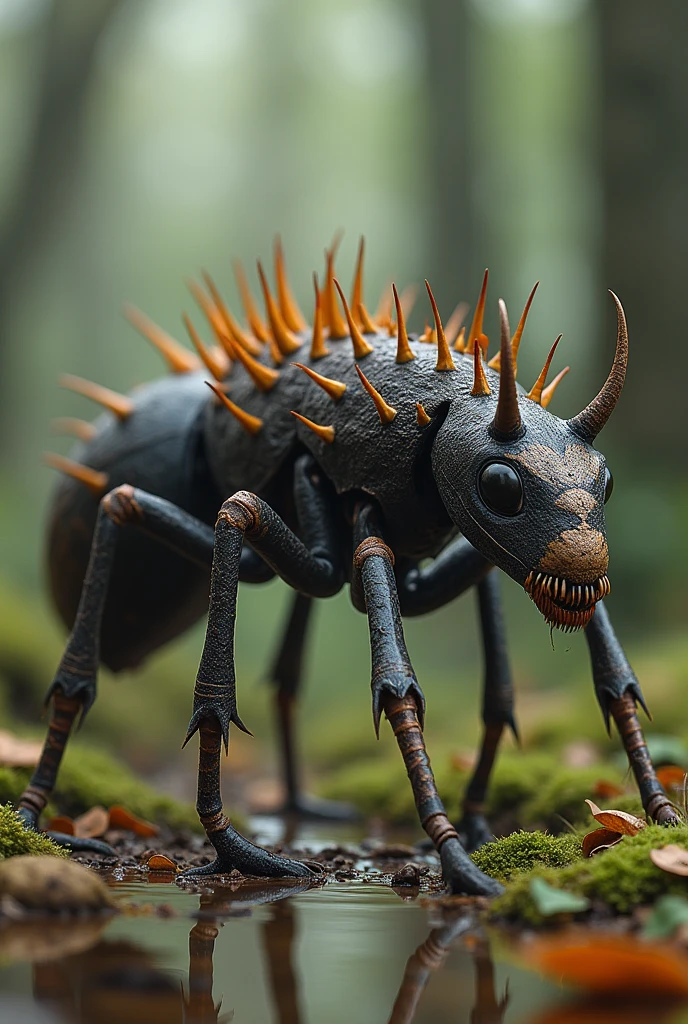 **description:** The animal resembles a giant queen ant with spikes on its back and a long tail.. The size is two human heights. He has six legs., each of which ends in sharp claws, and two small horns on the head.
**locality:** Wooded and marshy areas
