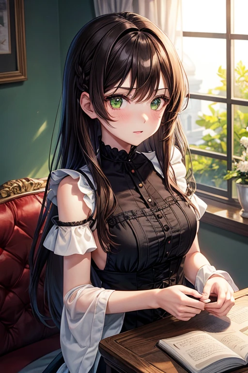 Anime girl, brown shoulder-length hair, Green eyes, black maid dress