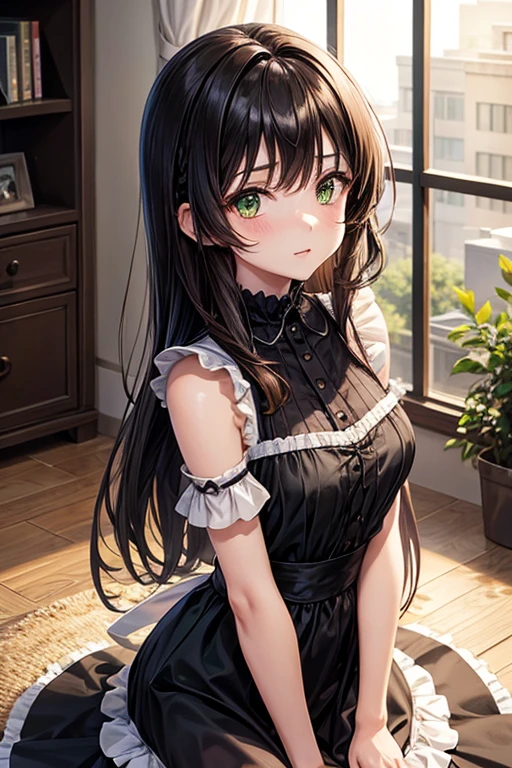 Anime girl, brown shoulder-length hair, Green eyes, black maid dress