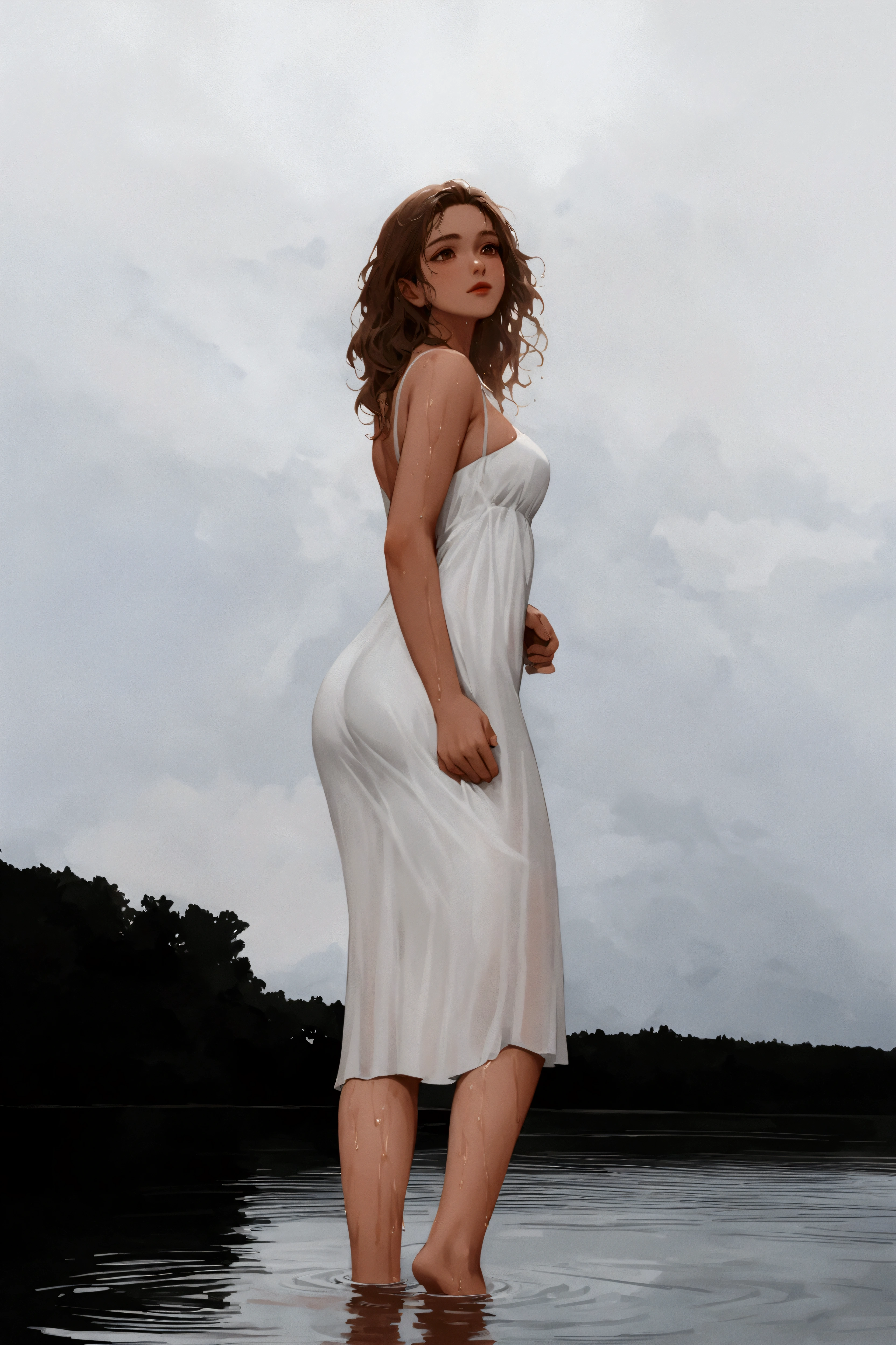 arafed woman in a white dress standing in the water, full length view, side shot, full body white dress, wearing white dress, long white dress, wearing a wet white short dress, a beautiful woman in white, shot from the side, wearing stunning ivory dress, dressed in white, side view, skintight dress, white dress, wearing a white dress