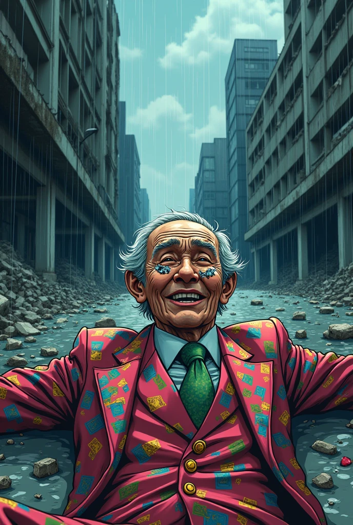 Manga art by Naoki Urasawa, man in colorful suit lying on the ground while it rains in a destroyed city at dawn, with a colorful mask broken on the ground, and parts of it on his old Man face, While smiling and crying with happiness while saying "you are my pride Ben broth"