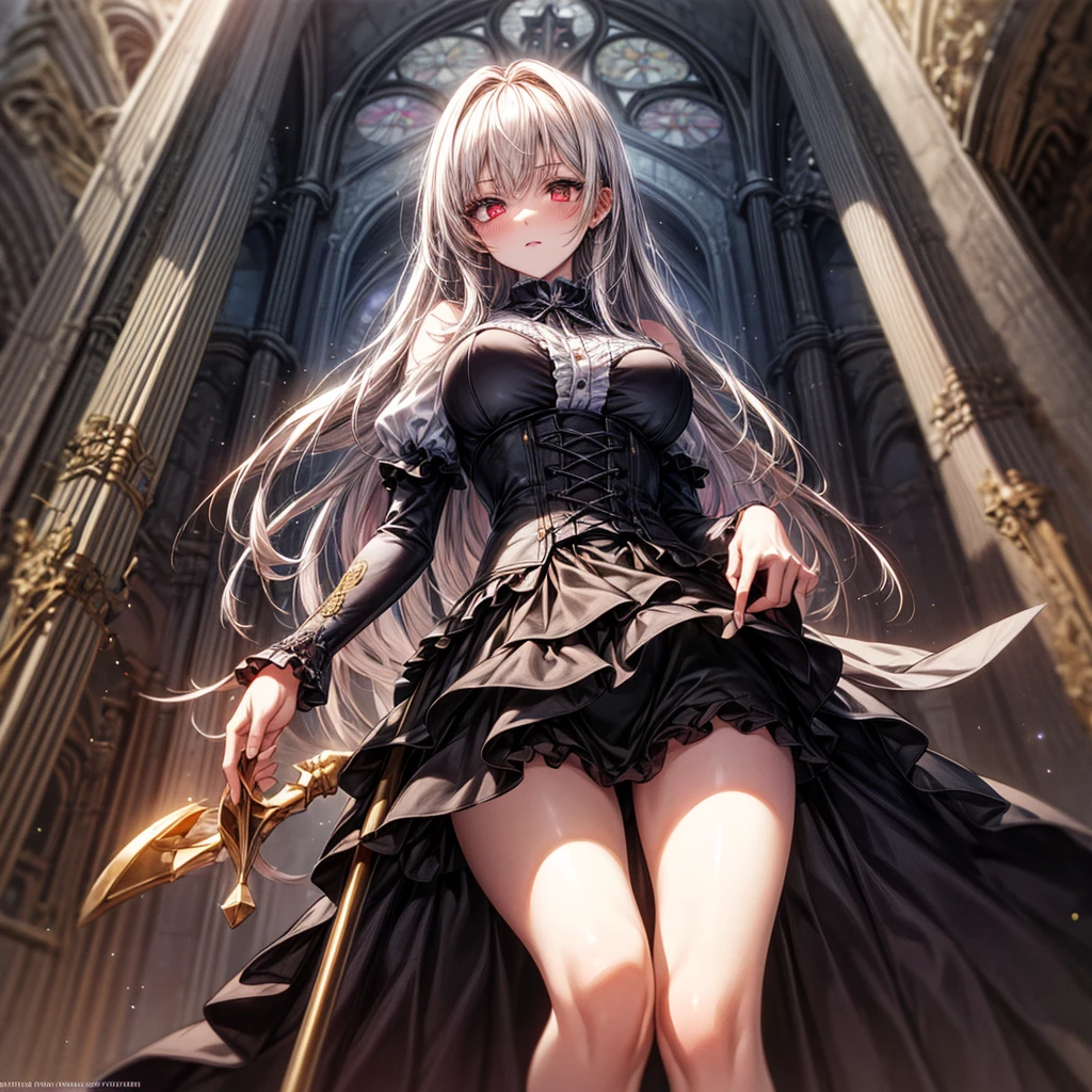 quality,8k,Highly detailed CG unit, masterpiece,High resolution,top-quality, real texture skin,Surreal,Increase the resolution,RAW Photos,最高quality,Very detailed,From below,Cool Beauty,Glamour Women, Cute pose,Gothic Lolita,A skirt full of frills,Red accent embroidery,long hair shining white, Mysteriously glowing crimson eyes, Queen, world, Crystal Flower,Sparkling stained glass like a kaleidoscope,Majestic cathedral,Layered skirt with details, Detailed embroidery, Very layered ruffles, Detailed Texture,A geometric magic circle above your head,Ornamented silver walking stick,hidden Forbidden Sanctuary,