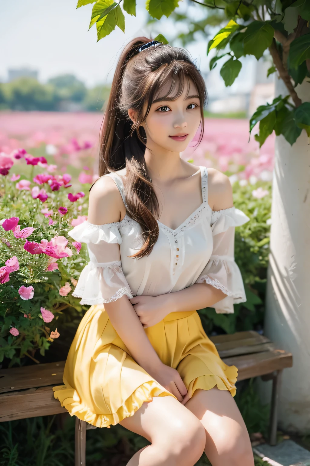 Smile、night、original photography、(((ultimate beauty portrait)))、((sparkling skin))、1 girl、Beautiful 15 year old girl from Prague、Bright expression、((brown hair))、(light yellow clothes),(B cup no)、(frilly skirt:1.3)、((Big eyes sparkling like gems))、skin glowing、(Medium long hair)、(silk ponytail)、Eyeliner、Beautiful bangs、Hair between the eyes、((masterpiece、top quality、Sea of Flowers, Super detailed, intricate details、High resolution、Very detailed))、Background、8k、high quality、Fuji XT3 、See deeply、natural soft light、