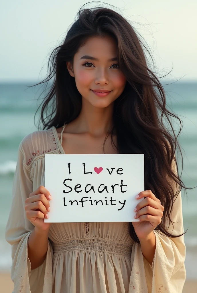 Beautiful girl with wavy long hair, bohemian dress, holding a white board with text "I Love Seaart Infinity" and showing it to the viewer
